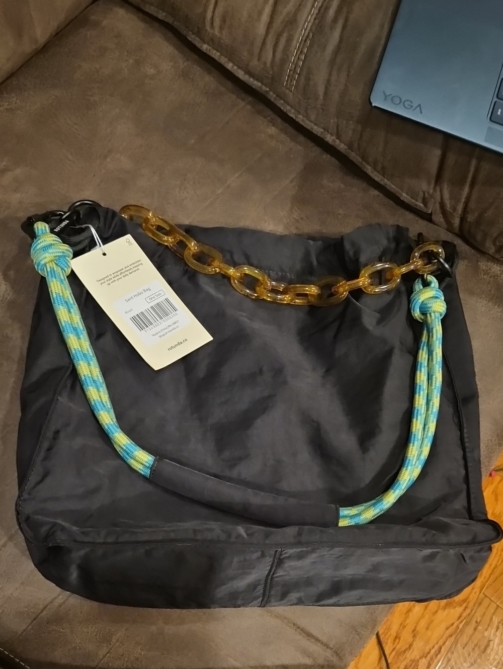 Black Shoulder Bag with Turquoise and Yellow Rope Strap and Amber Chain Accent